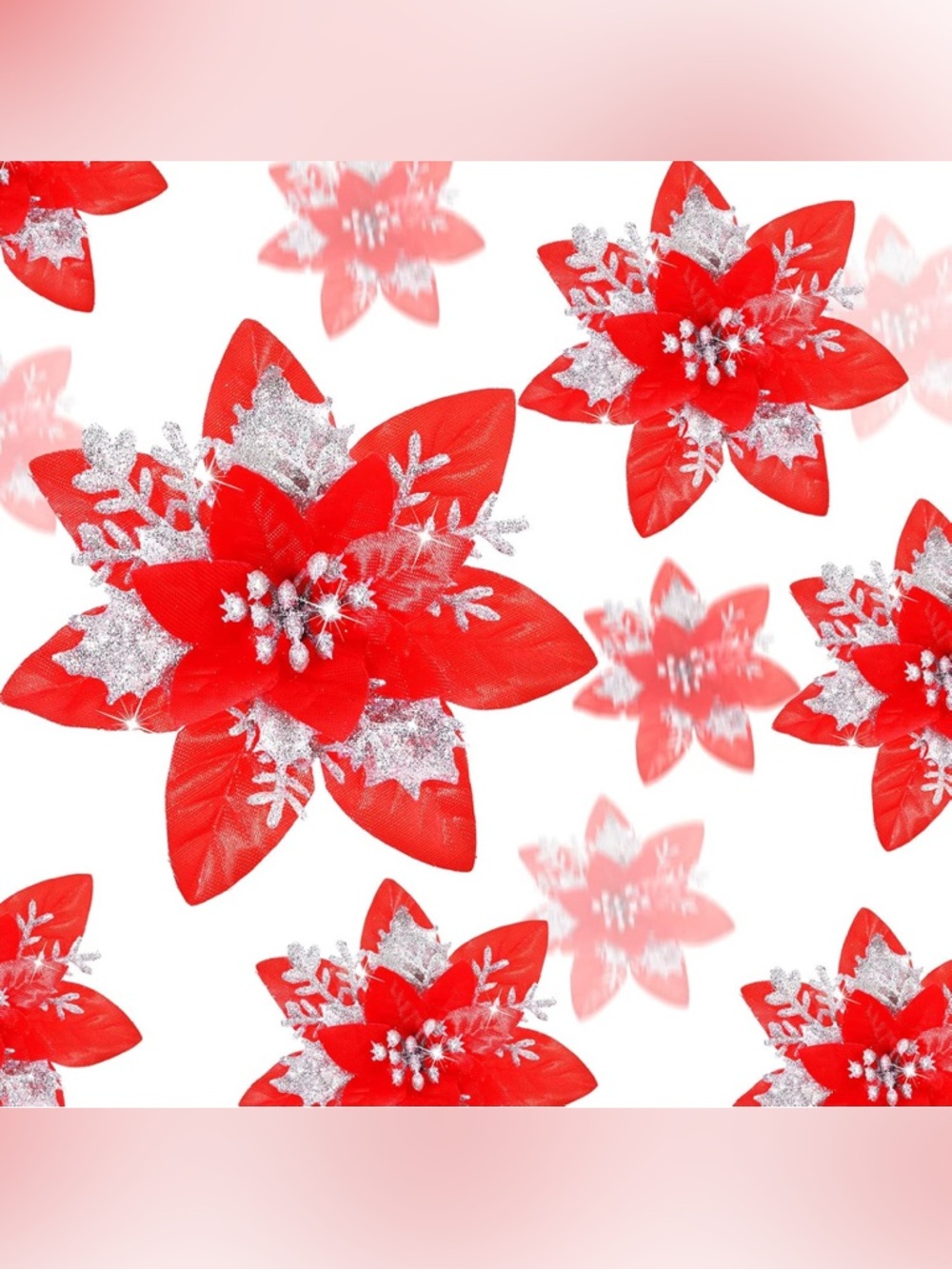 36 Pc Christmas Poinsettia Tree Decorations Red Silver Clip Flowers